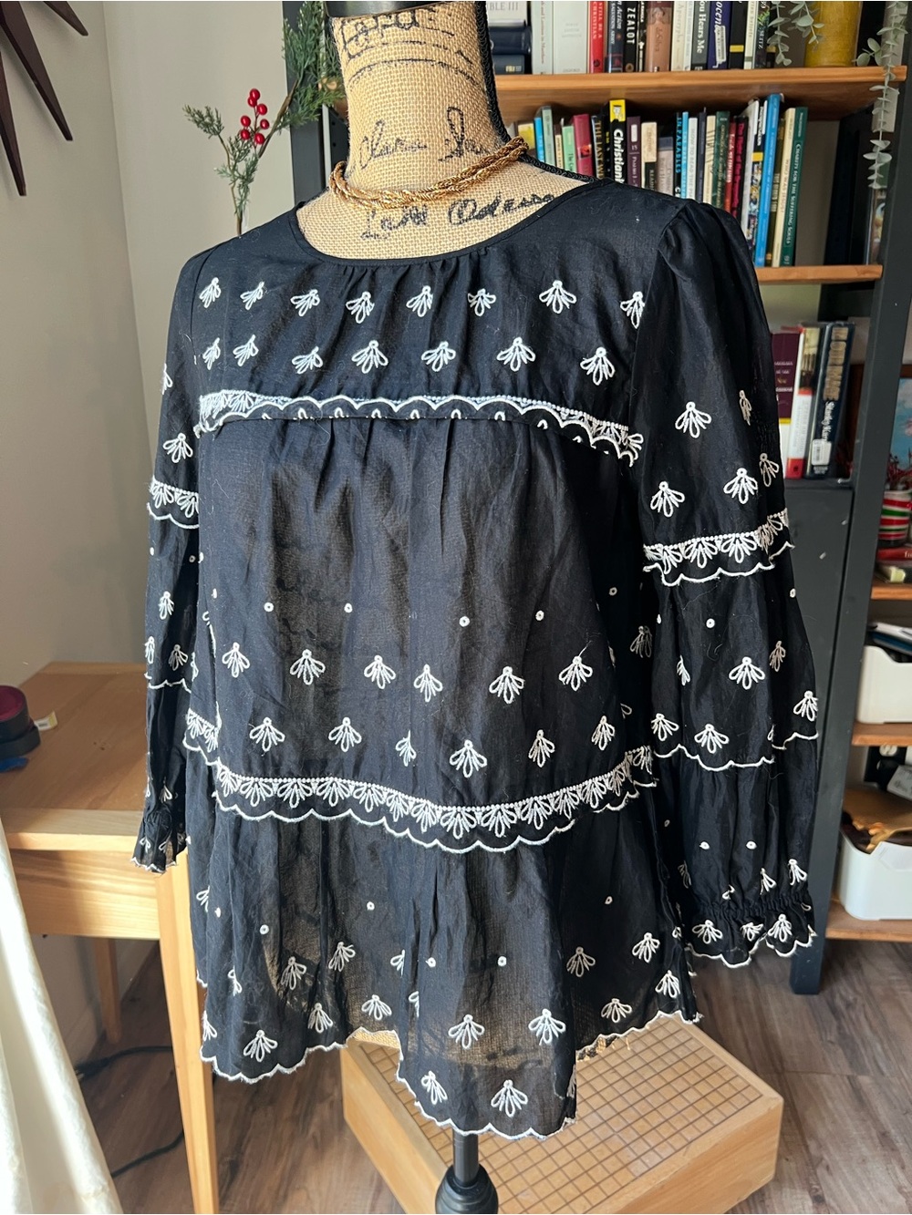 Kaari Blue Black Embroidered Peasant Blouse
